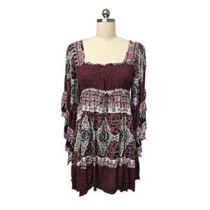 Free People Boho Peasant Dress Womens XS Burgundy Black Bell Sleeve Empire Waist